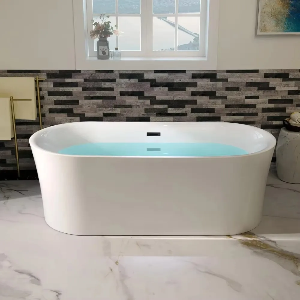 67" Acrylic Contemporary Soaking Tub with Matte Black Overflow and Drain，Acrylic Reinforced with Fiberglass，Freestanding Bathtub 2