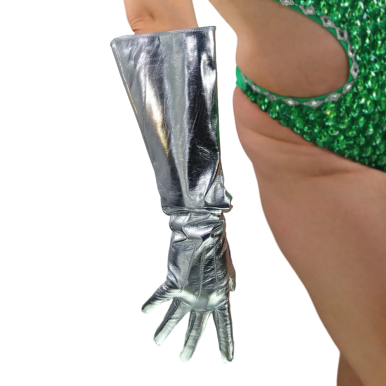 

DooWay Unisex Metallic Silver LATEX GLOVES with Puff Sleeves Wide Loose Shine Mirror Elbow Faux Patent Leather Cosplay Glove