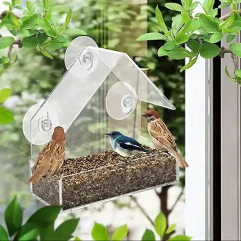Automatic Bird Feeding Tray with Removable Suction Cup Sliding Design Transparent Acrylic Hanging Feeder for Garden Courtyard