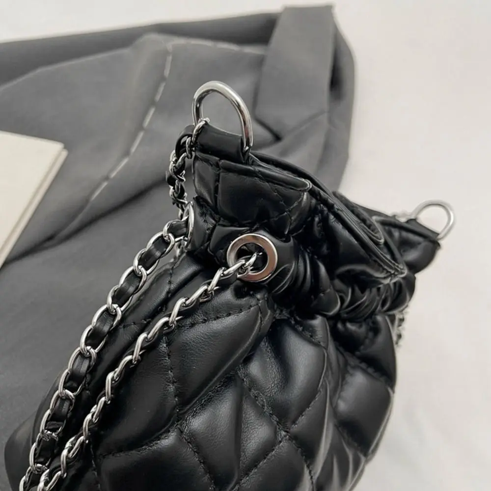 Pu Leather Rhombic Lattice Chain Shoulder Bag Check Tassel Crossbody Bag Underarm Bag Messenger Bag Drawstring Bucket Bag
