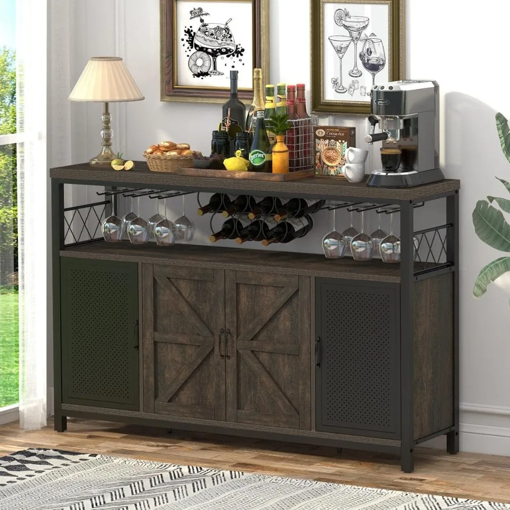 

Industrial Wine Bar Cabinet for Liquor and Glasses, Rustic Sideboard and Buffet with Wine Rack, Farmhouse Coffee Bar Cabinet