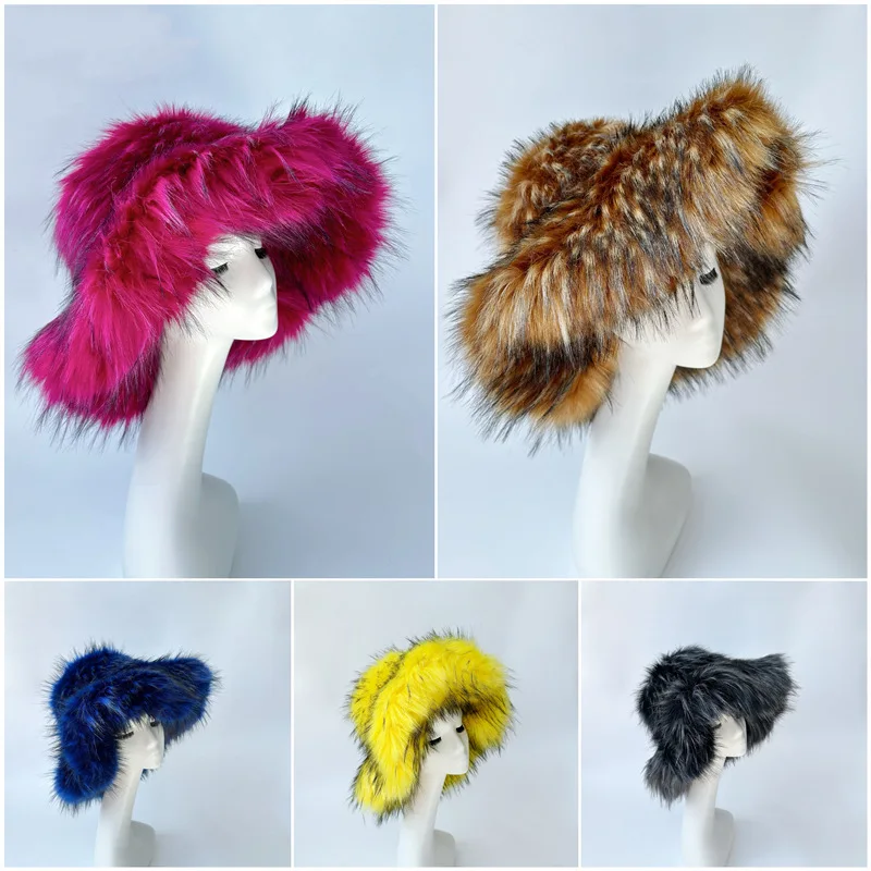 Harajuku Girls Sweet Cute Pink Wide Brim Floppy Furry Shag Hat Women Winter Y2k Fashion Fuzzy Festival Faux Fox Fur Bucket Hats