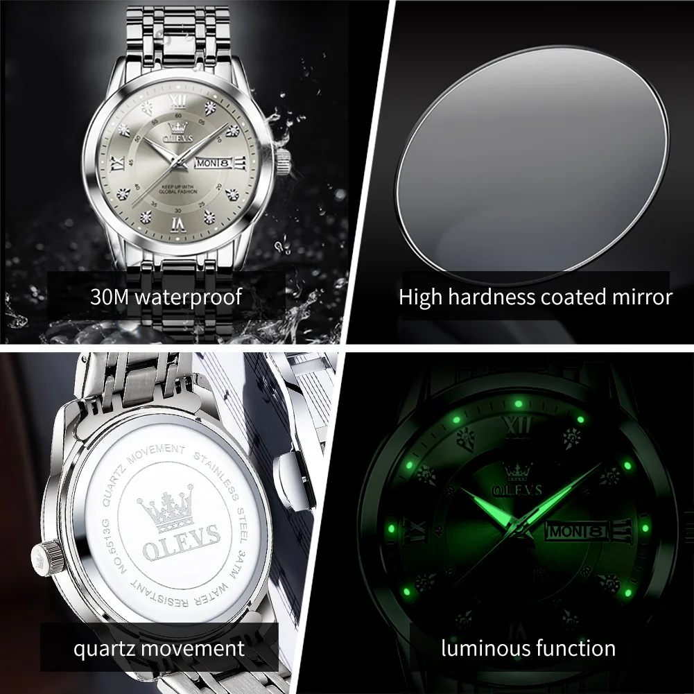 OLEVS 5513 Watch For Men Fashion Diamond Scale Original Waterproof Quartz Man Dress Wristwatch Dual Calendar Luxury Men Watches