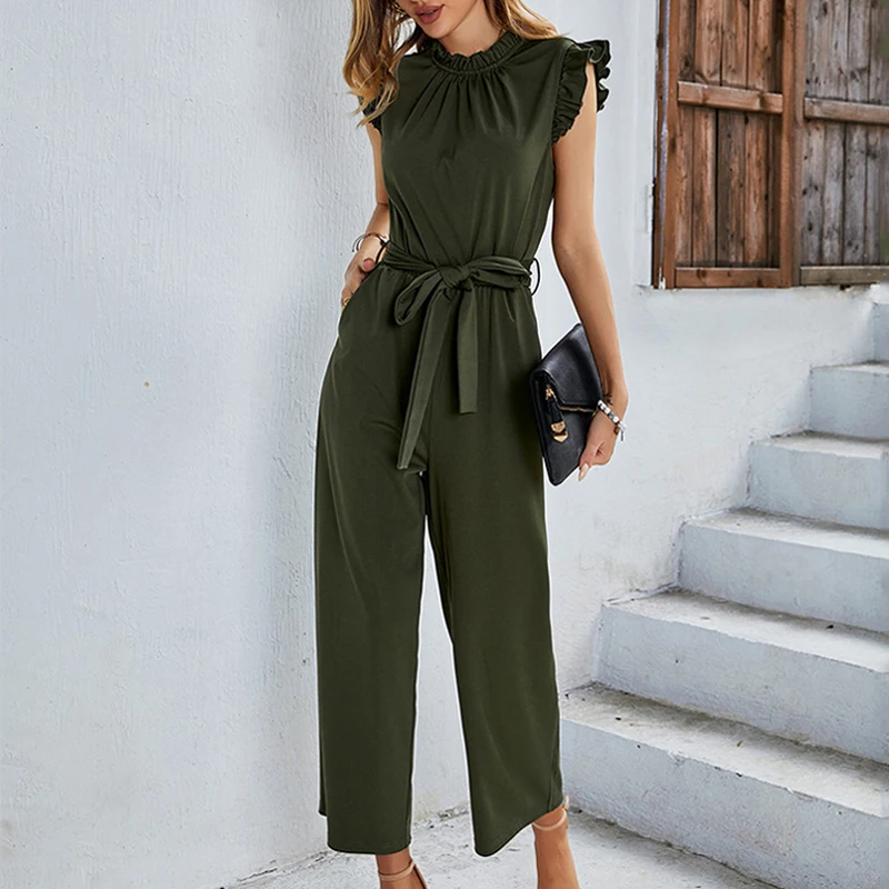 

2023 Women Jumpsuit Women Elegance Stand Collar Ruffle Sleeveless Jumpsuits Flying Sleeve Casual Outfit Loose Pleat Sashes 28717