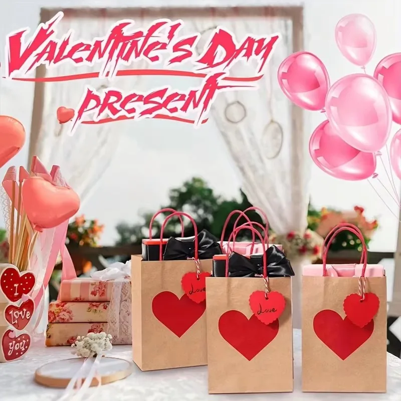 10Pcs Red Heart Kraft Paper Candy Gift Packing Bag with Tag Shopping Tote Bag for Valentine's Day Wedding Party Decor Supplies