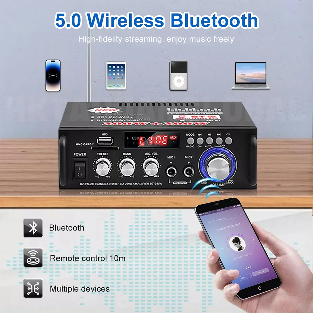 Home Amplifier Stereo Receivers Audio Max 300W*2 Power Amplifier BT USB SD RCA Remote car Stereo System