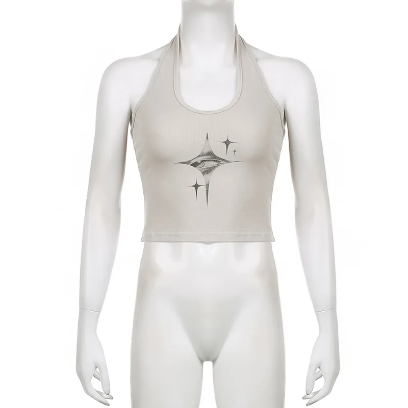Y2K devil eyes halter crop top detail