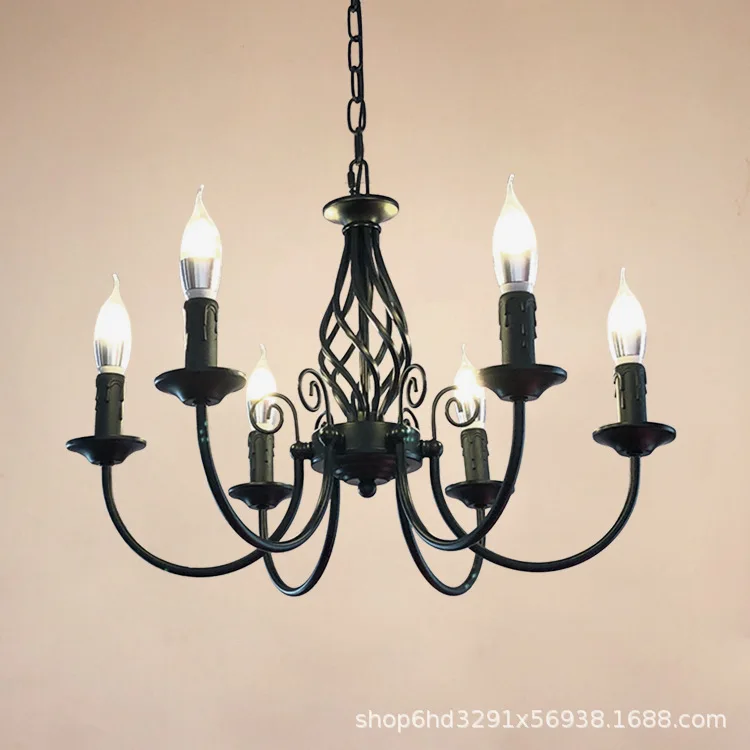 

Cross border American chandelier black wrought iron candle bedroom light simple personality retro study light restaurant