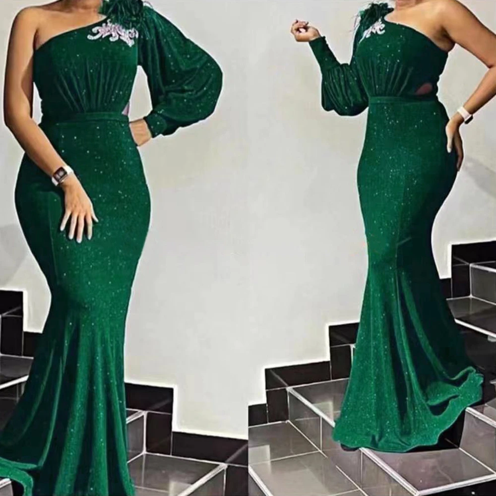 

2024 New Year Bridesmaid Maxi Dress Evening Gown African Women One-Shoulder Bodycon Mermaid Dresses Ankara Dashiki Wedding Robe