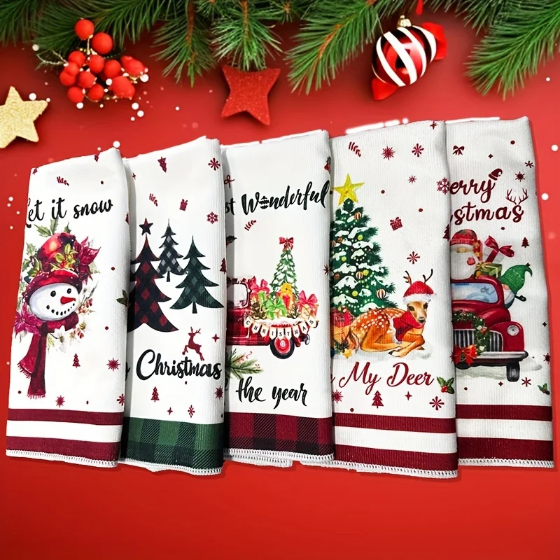 5pcs Christmas Towels Set, Modern Style, Super Absorbent, 500 GSM, for Bathroom & Kitchen, Decorative Dishcloths