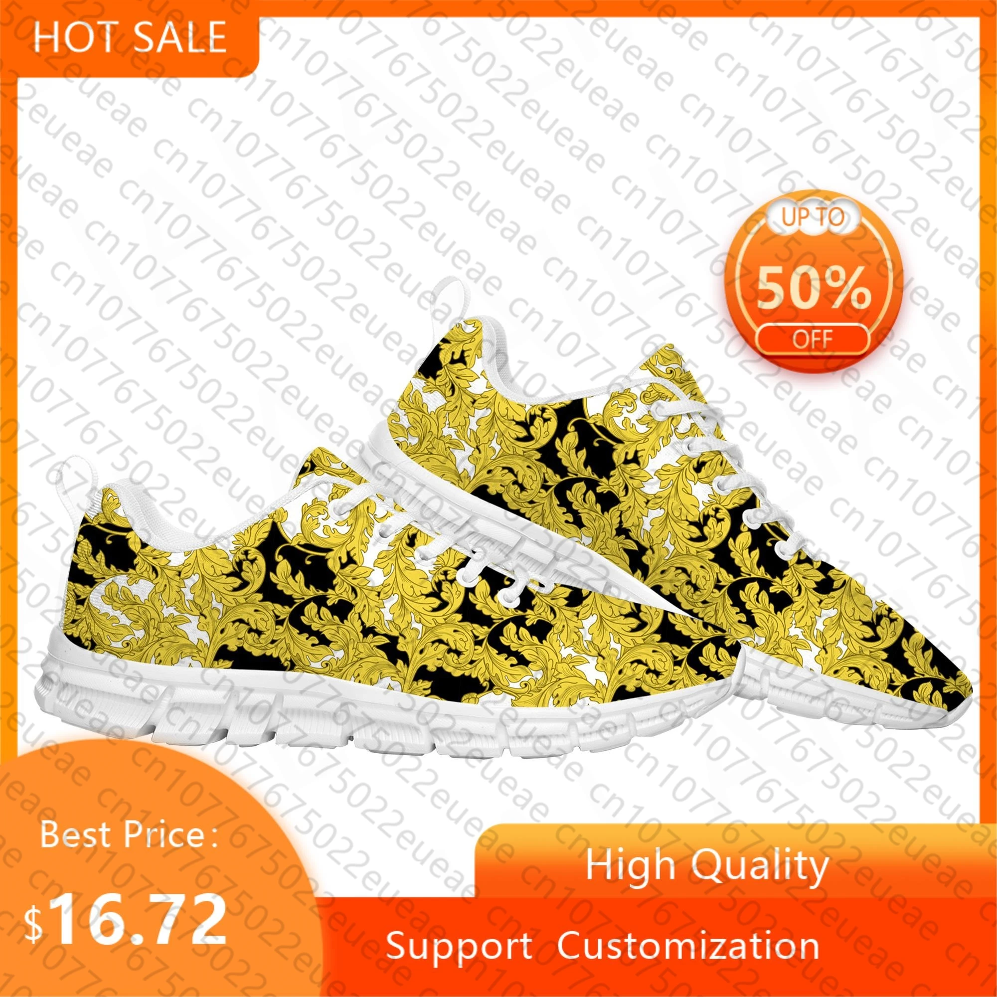 

Роскошные спортивные туфли в стиле барокко с золотым цветочным Европейским узором, мужские, женские, подростковые, детские кроссовки, повседневная обувь на заказ для пар