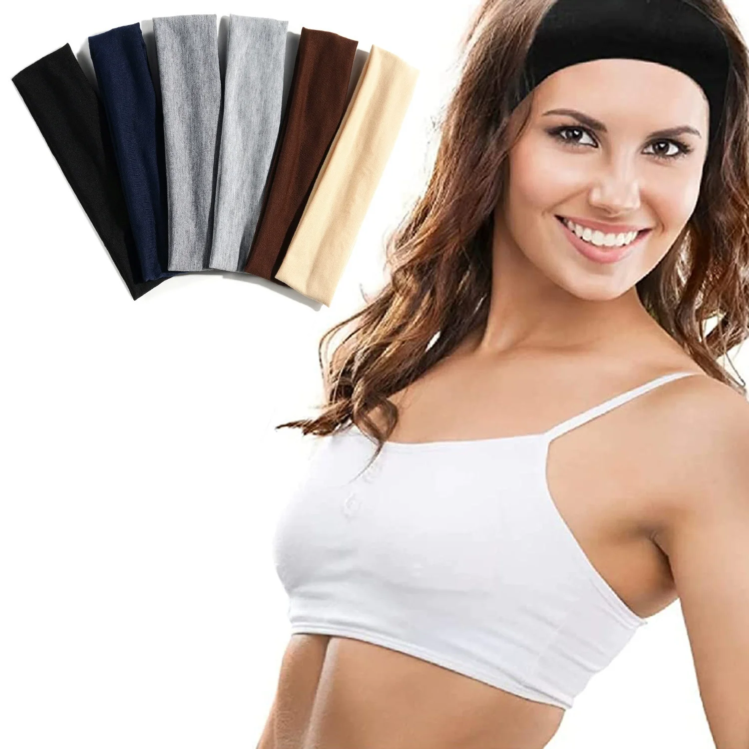 6 women's headbands, comfortable and sweat absorbing elastic sports headband set, suitable for yoga and running