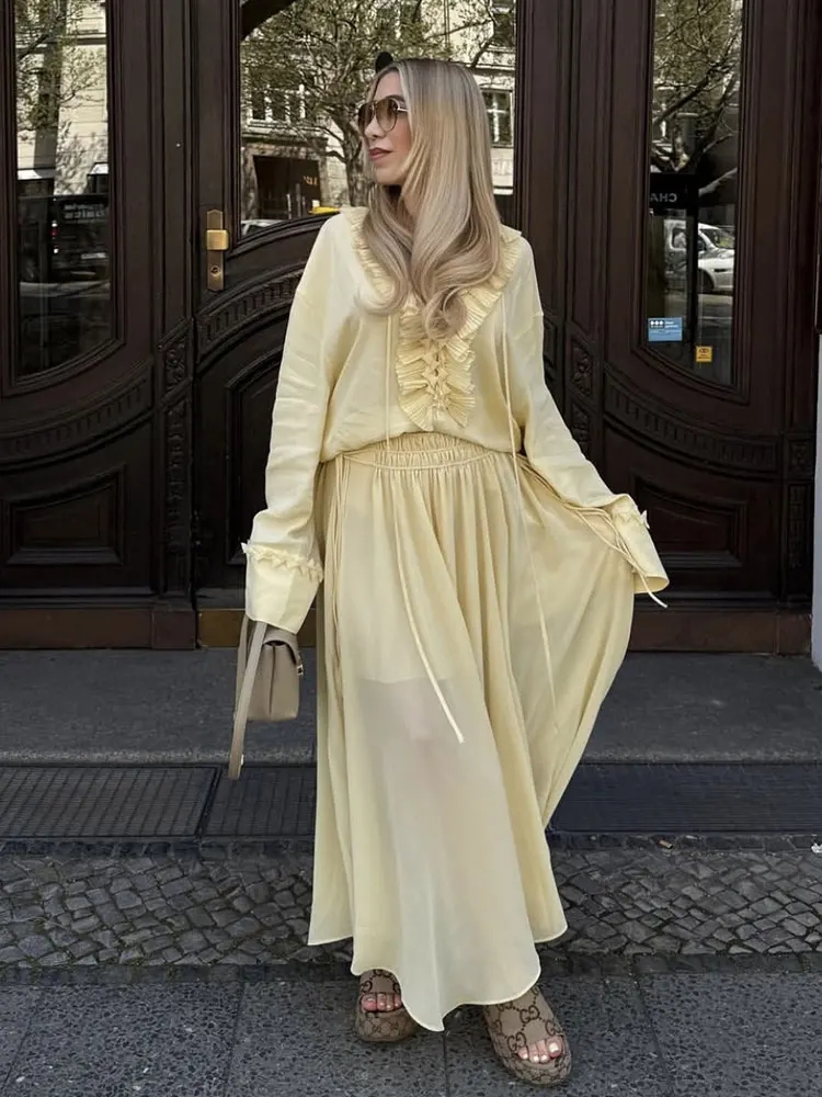 HH Women Ruffles Lace-up Blouse Skirt Set Long Sleeve V Neck Shirt Pleated Midi Skirt Fashion Lady High Street Yellow Outfit