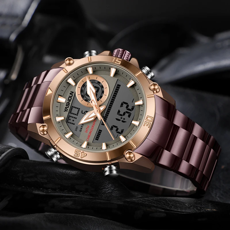 Men Military Sport Wrist Watch Gold Quartz Steel Waterproof Dual Display Male Clock Watches Relogio Masculino 9017