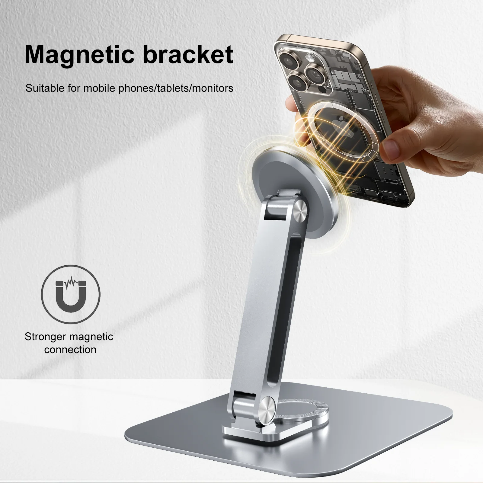 Silvery Magnetic Metal Stand - 360° Rotatable Holder for Portable Monitor, for iPad & iPhone Display Ideal for Home & Office 2