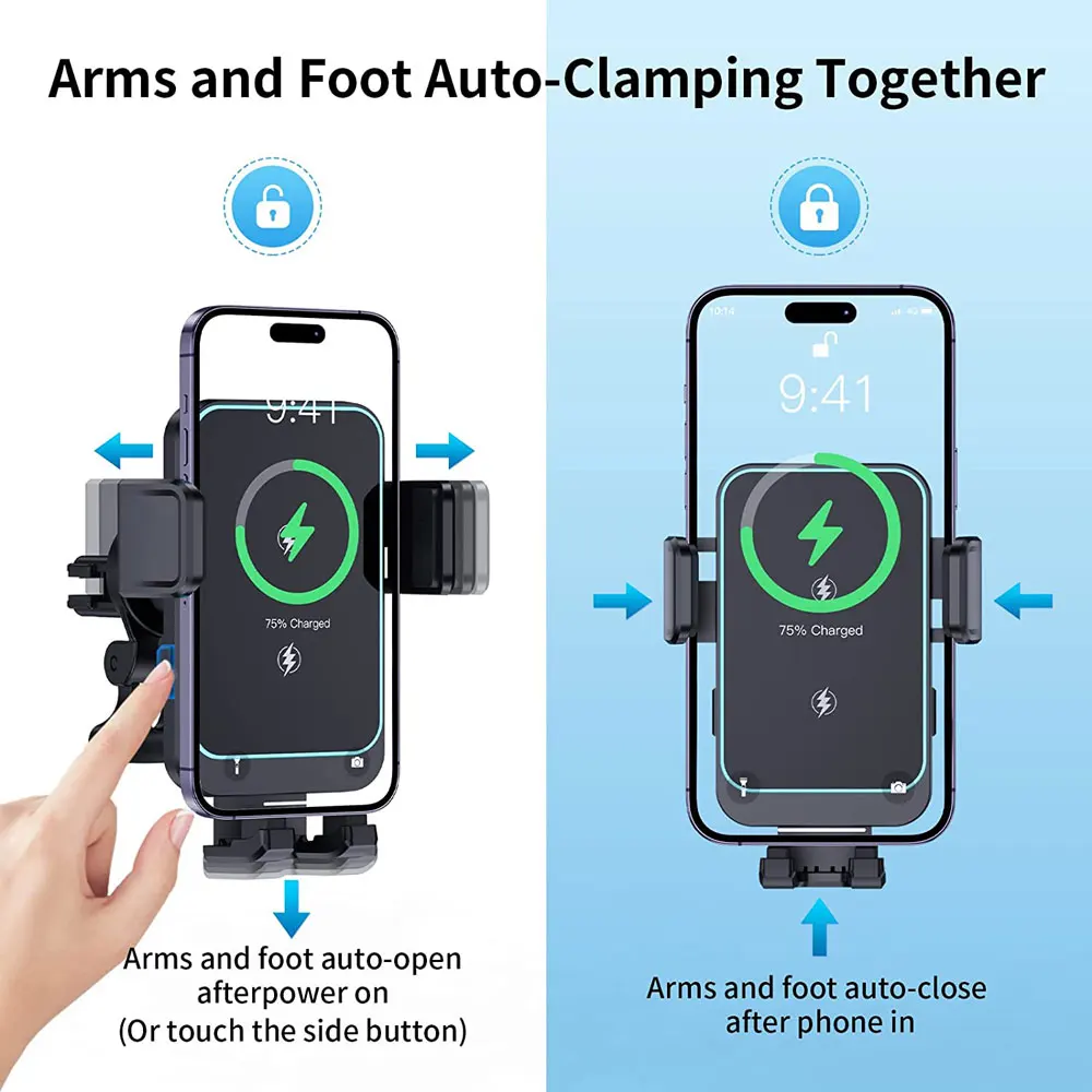 삼성 갤럭시 Z 플립 4 3 S22 S21 아이폰 자동 클램프 빠른 자동차 충전 전화 마운트 홀더에 대 한 15W 듀얼 코일 무선 차량용 충전기