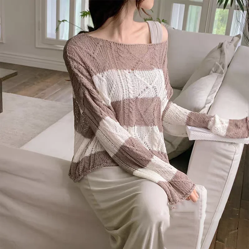 Women Long Sleeve Striped Pullover Sweater