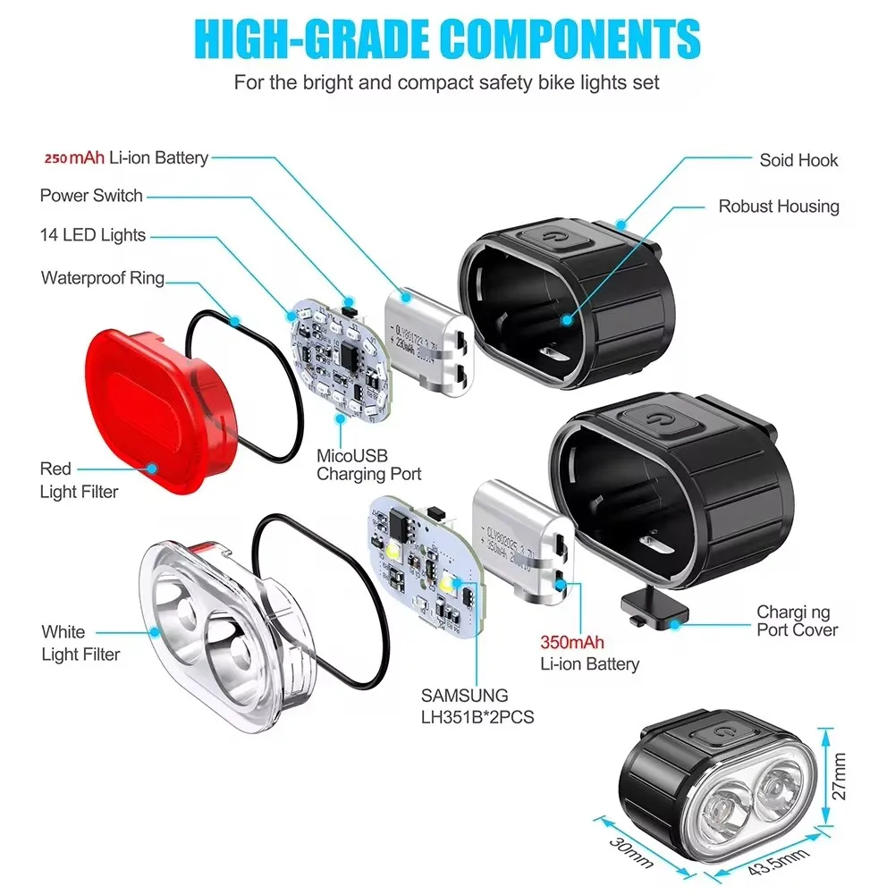 Rechargeable USB Bicycle Lighting Set - Front & Rear Bike Lights and Lantern Accessories