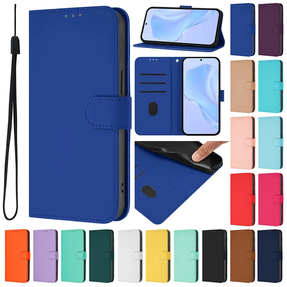Classic Solid Color Leather Flip Wallet Stand Phone Cover Shell
