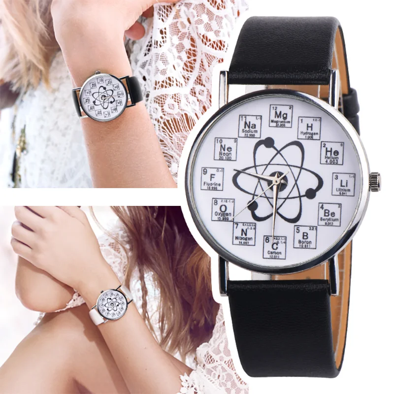 

Ladies Watches Creative Design Chemical Element Markers Molecule Pattern Watches Leather Band Quartz Watches Women Watches