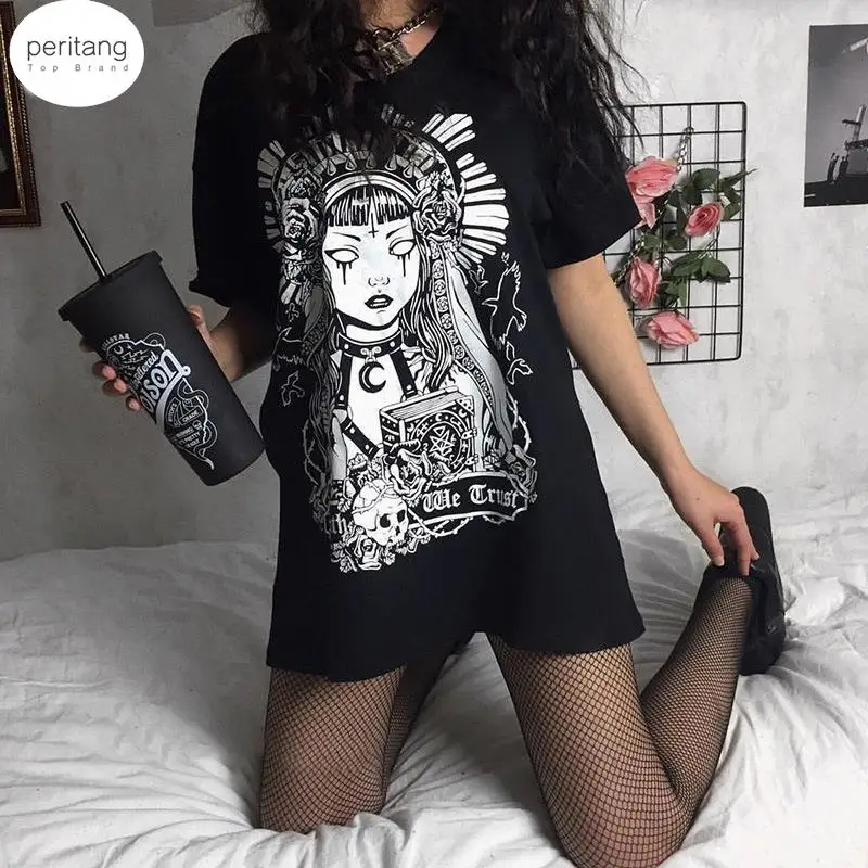 

Grunge Black Print T-shirts Gothic Loose Punk Harajuku Streetwear Summer 2024 T-shirt Female Fashion Aesthetic y2k