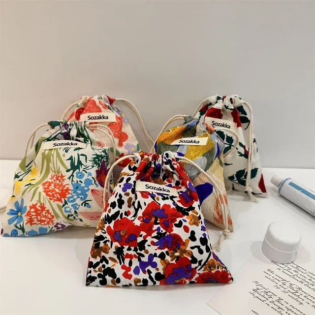 Cute Floral Drawstring Makeup Bag for Women Portable Cosmetic Organizer Pouch Candy Storage