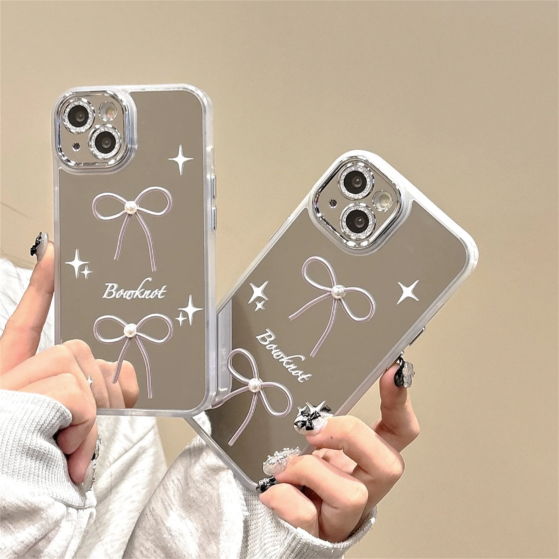 

Ins Korean Cute Colorful Pearl Bow Mirror Phone Case for iPhone 15 14 13 12 11 X Pro Max Shockproof Back Cover For Girl Gift