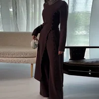 Ensemble deux pièces pour femmes, Robe longue, haut, pantalon à jambes larges, costume Ramadan marocain, dubaï, Islam, tenue arabe musulmane 4