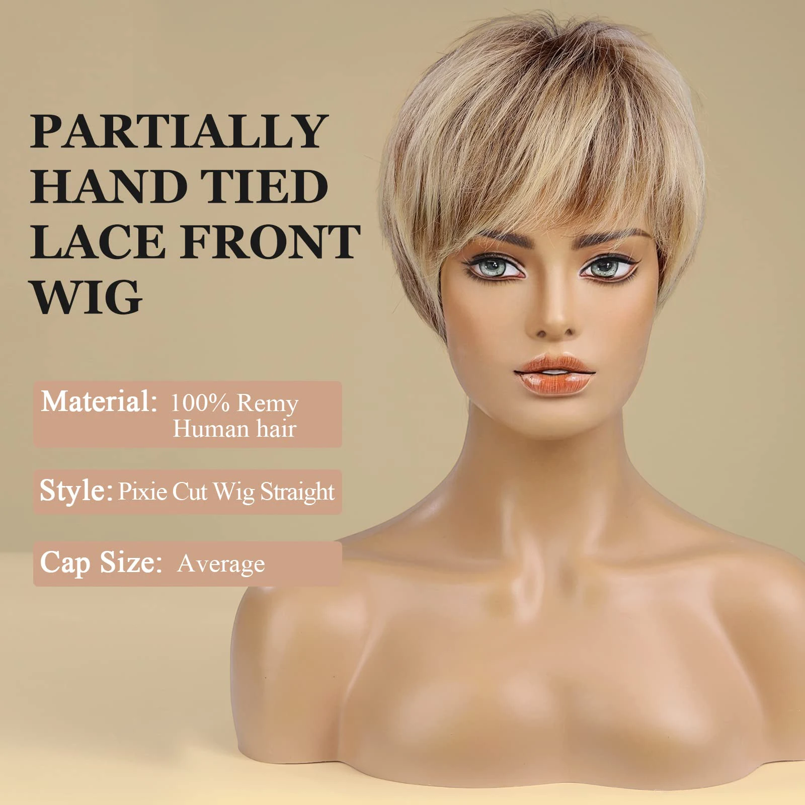 100% Remy Human Hair Mixed Blonde Ash Brown Lace Front Wigs Pixie Cut Hairs with Bang Short Straight Wig for Women Bob Human Wig