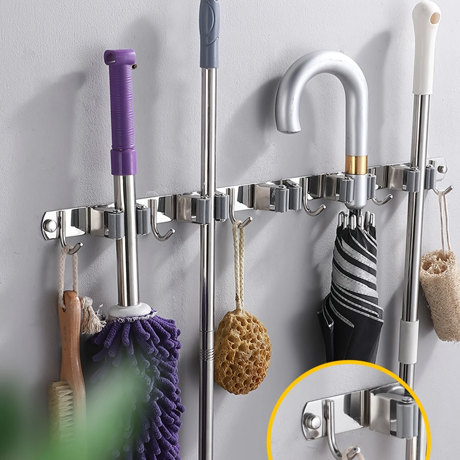 4 Racks With 5 , Silver Broom Holder Mop Hanger Garden Kitchen Tool Organizer 4 Racks, Wall Mounted 6