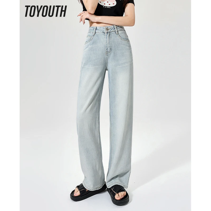 

Toyouth Women Jeans 2023 Summer High Waist Straight Long Zipper Button Denim Pant Casual All Match Simple Light Blue Trousers