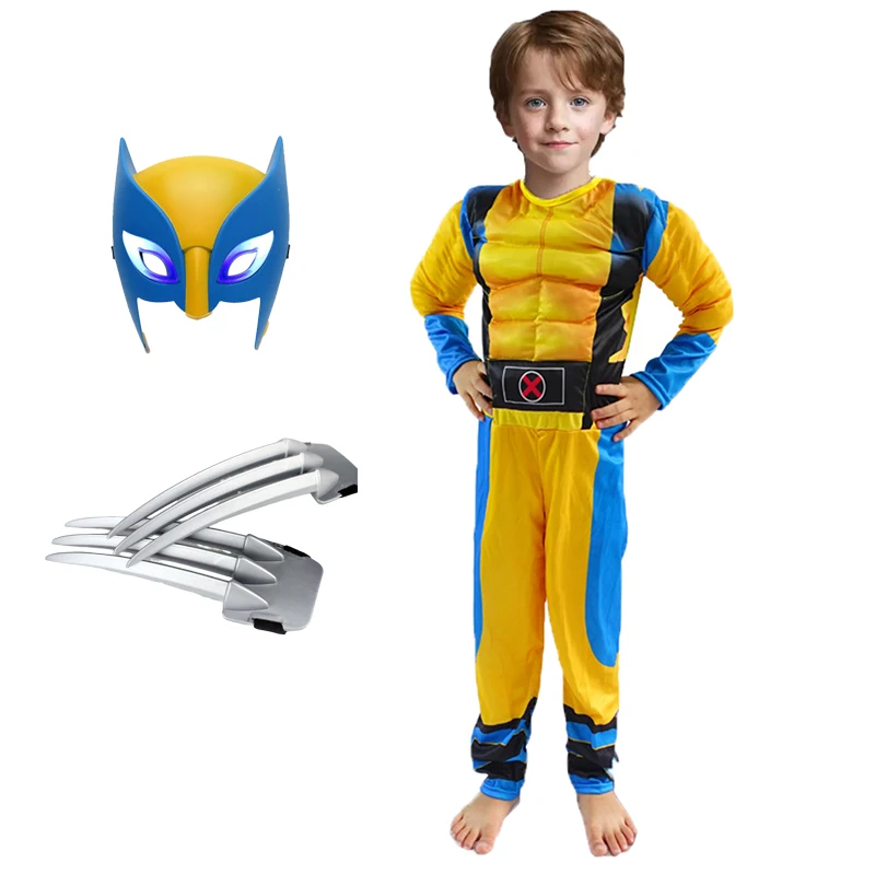 Superhero Wolverine Cosplay Costume for Boys Girls Halloween Stage Performance Jumpsuit Mask Claws Christmas Fantasy Dress up