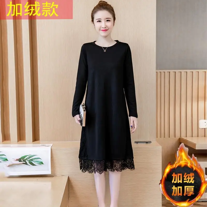 

Spliced Wool Lace Thickened Dress Pleated Cable Solid Color 2023 New Autumn and Winter Women's Commuting Casual T205