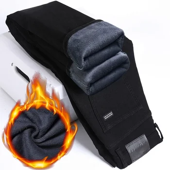 WTHINLEE Winter Men Black Straight Stretch Denim Thick Velvet Pants Warm Jeans Casual Fleece Line Trousers Male Plus Size 1