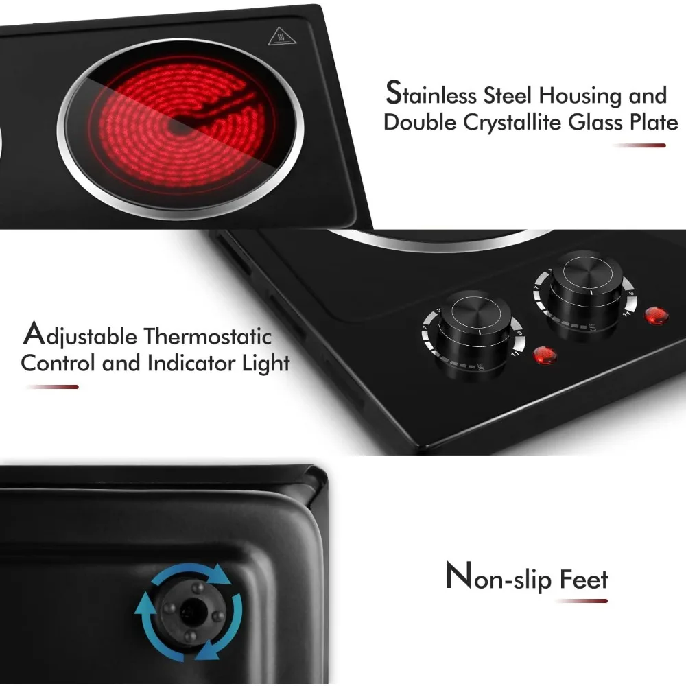 Burner, 1800W Ceramic Electric Hot Plate for Cooking, Dual Control Infrared Cooktop, Portable Countertop Burner, Glass P 3