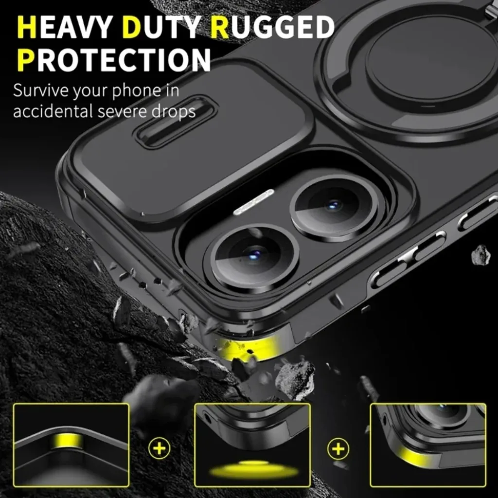 Shockproof Armor Phone Case with Magnetic Ring Holder and Kickstand - Hard PC Protective Cover