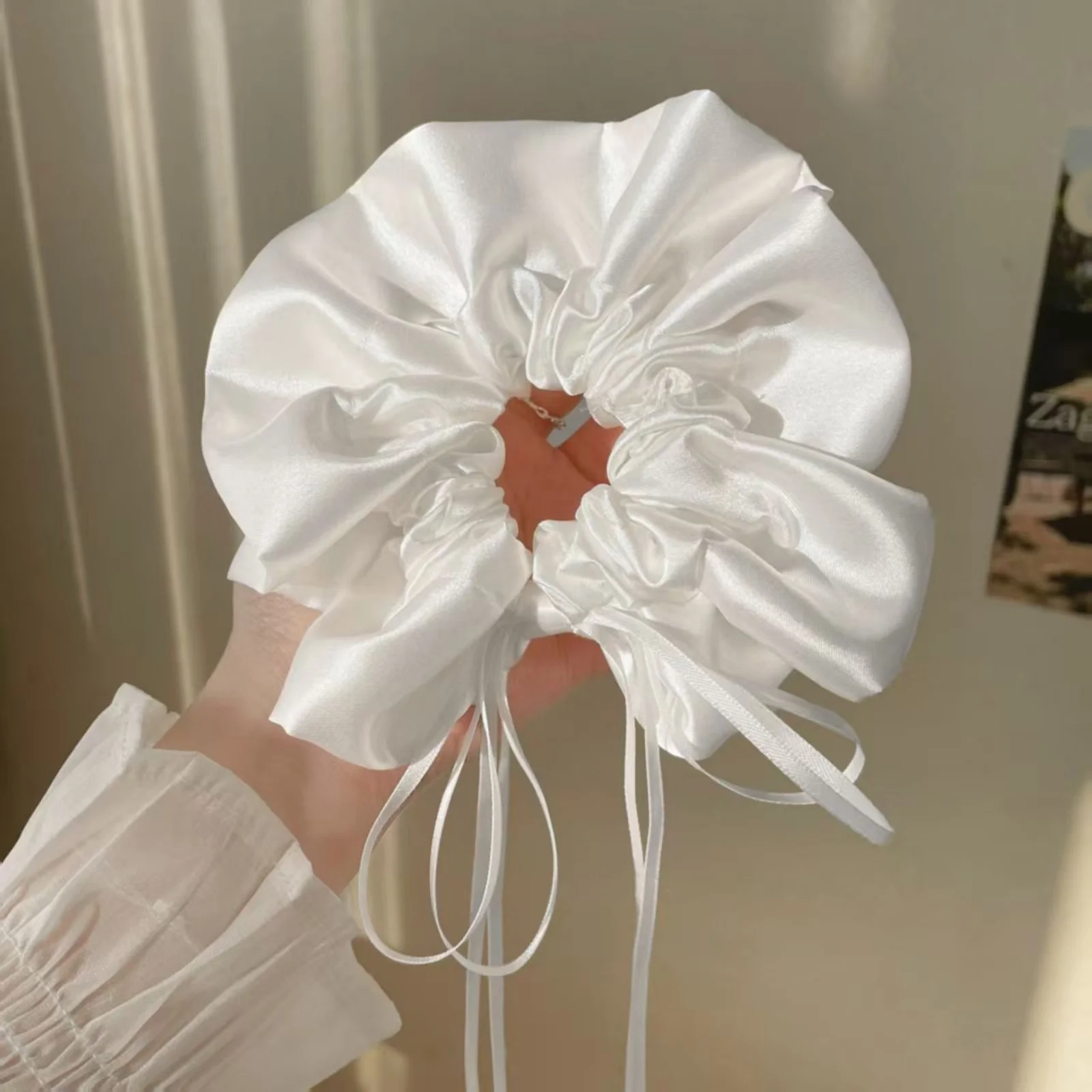 1PC White Satin Bow Scrunchie, Large Elegant Hair Tie With Long Ribbon, Romantic Bridal-Style Hair Accessory For Women