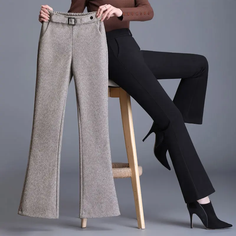 Autumn Winter Fleece Lined Flare Pant Women Korean High Waist  Woolden Blend Casual Trousers Big Size Plus Velvet Mom Pantalones