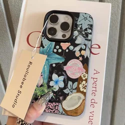Tropical Coconut Tree Leaves & Flowers Collage Shockproof Phone Case - iPhone 15 Plus (T10785 Black)