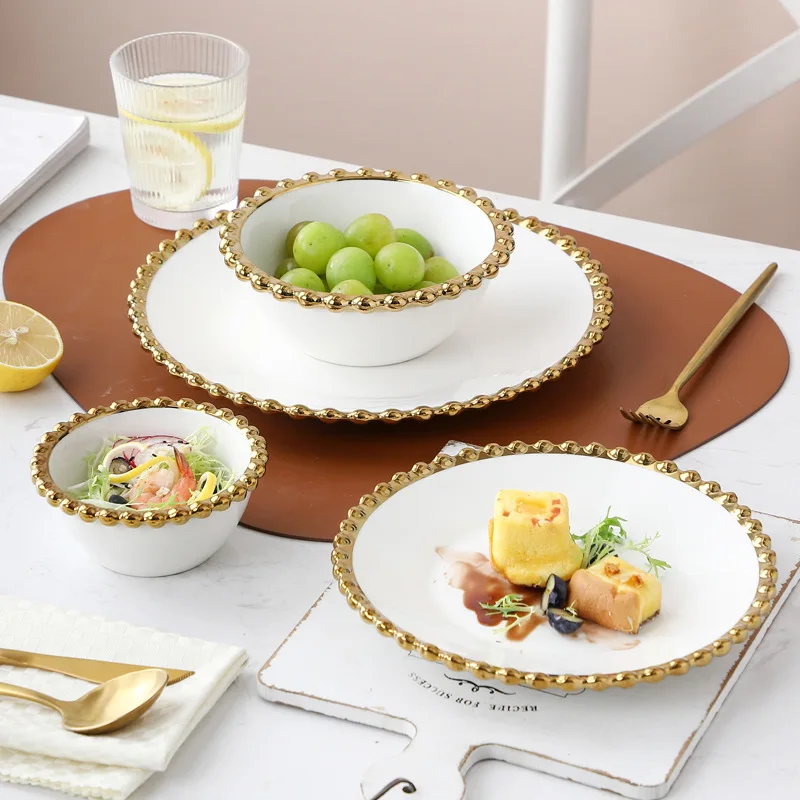 Nordic Ceramic Plates and Bowls Set Gold Round Dot Edge Steak Plate Salad Tableware Dessert Bowl Home Dinner Dishes