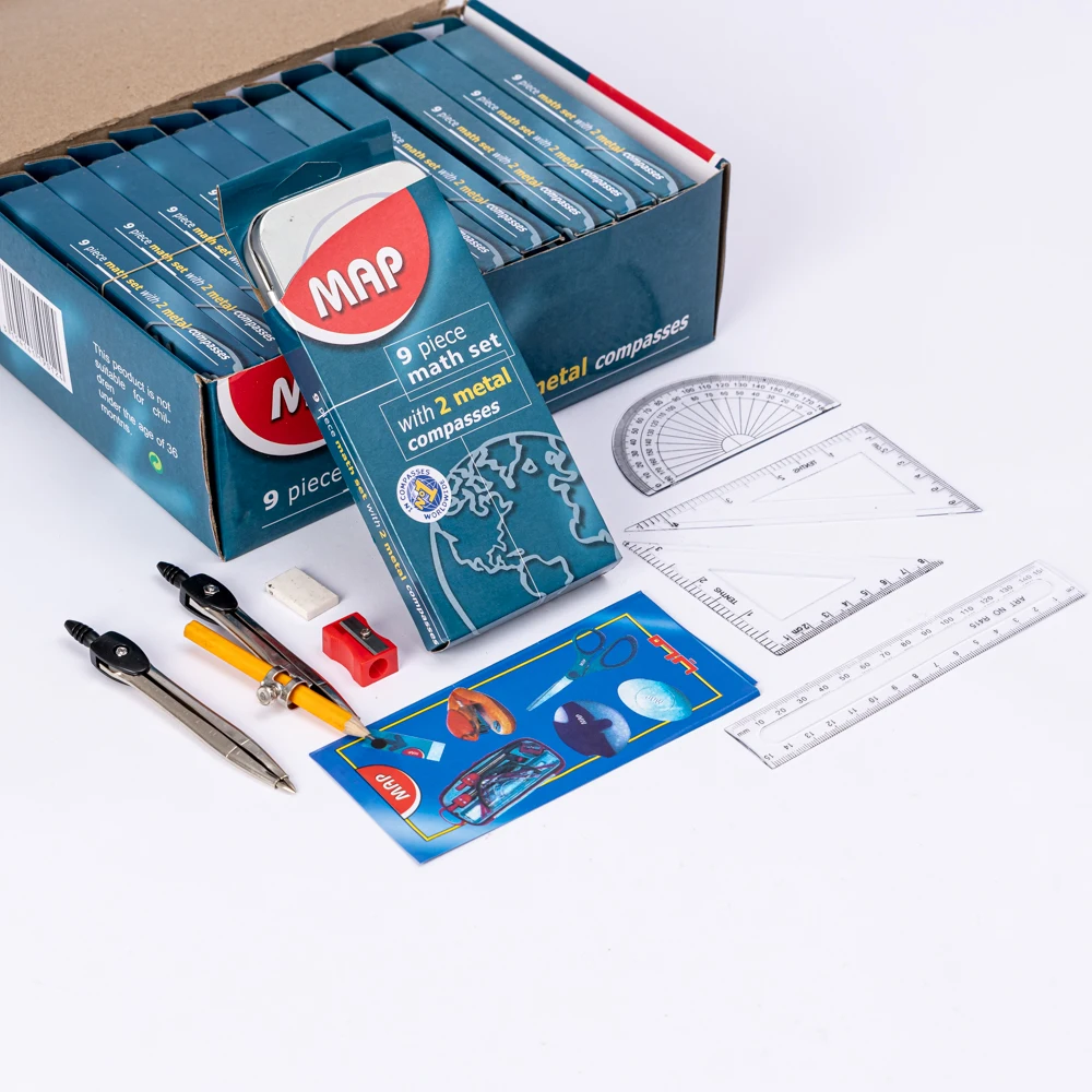 Geometry Math Compass set 9piece Shatterproof Storage Box 2 Compasses Ruler Eraser Pencil Sharpener