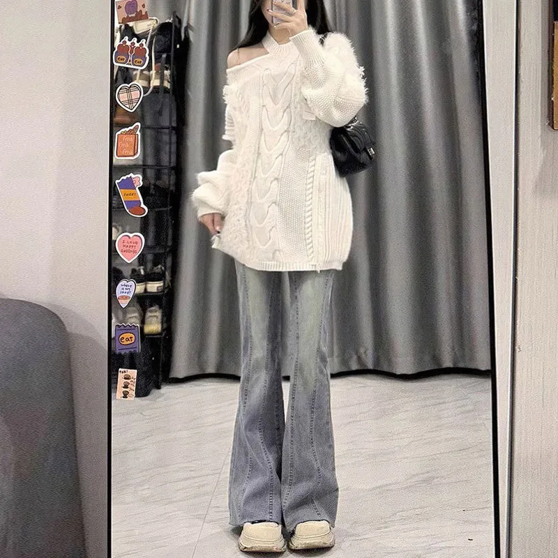 Denim Planet Splicing With Double Button High Waisted Slightly Flared Jeans Women's Slim Fit Straight Leg Nostalgic Horseshoe