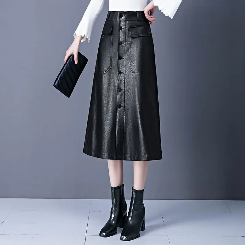 2022 Elegant Spring And Autumn Pu Leather Skirts Highwaisted Patchwork