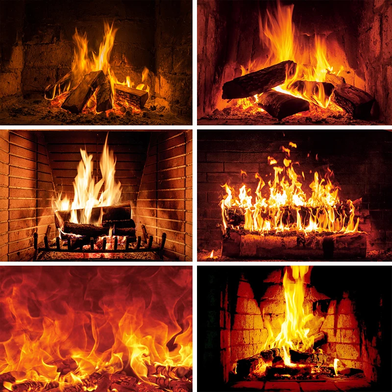 Photo Backdrop Laeacco Brick Wall Fireplace Wood Fire Burning Flame