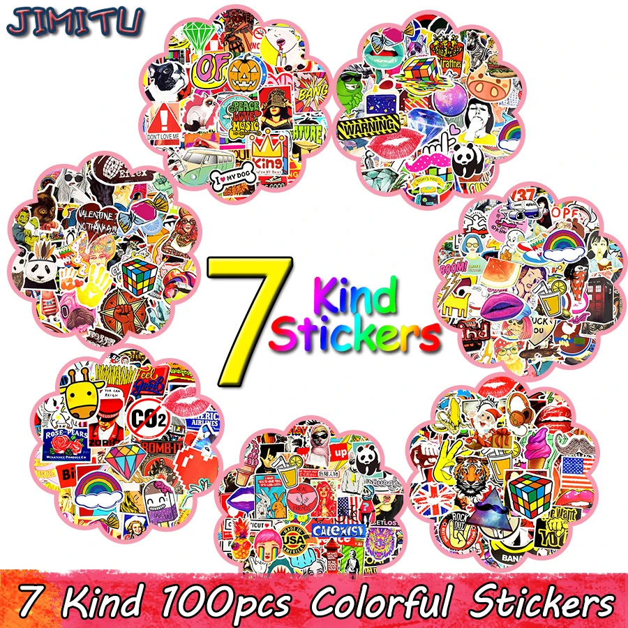 100 PCS Graffiti Stickers Waterproof Funny Punk Skateboard Sticker Pack 7 Style For Laptop Suitcase Fridge NoteBook Guitar Car