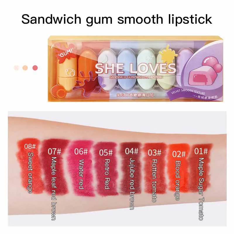 

8pcs/set Capsule Lipstick Set 8-color Mini Lip sticks Matte Waterproof Lip Tint Shining Makeup Cosmetics Cute gift box