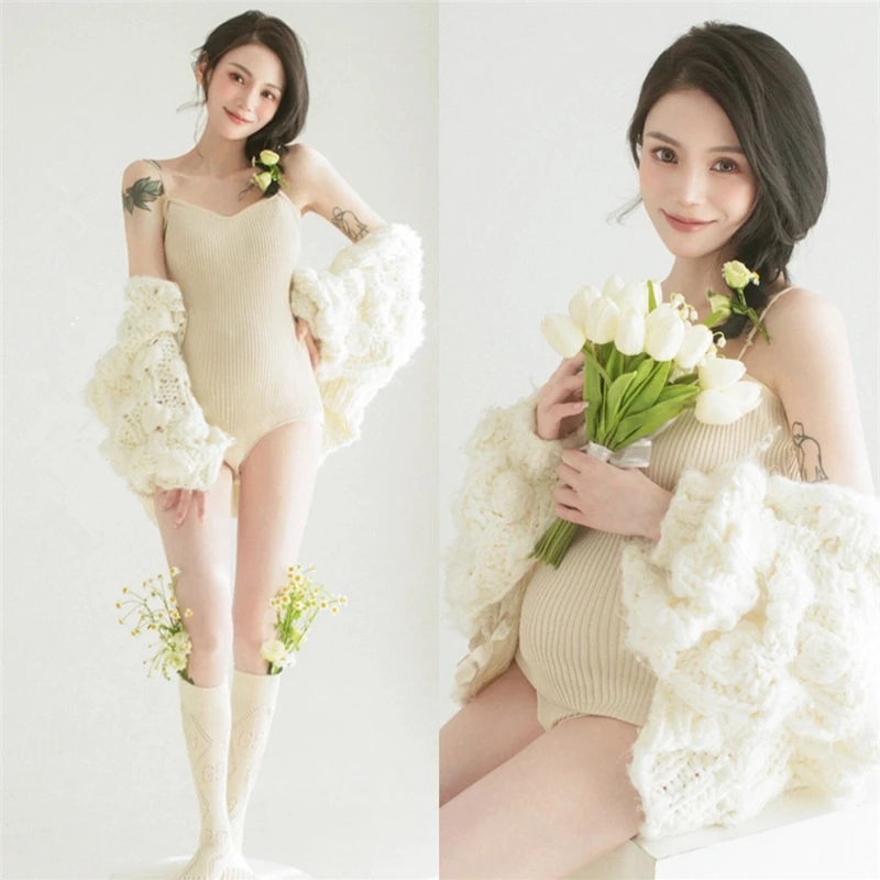 Dvotinst Women Photography Props Maternity Knitting Tank Bodysuit Cardigans 2pcs Pregnancy Elegant Studio Photoshoots Clothes