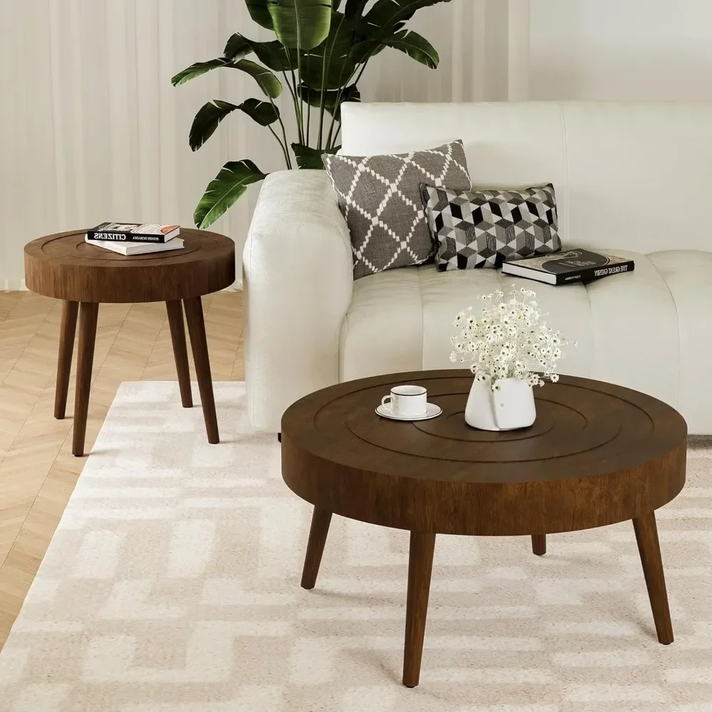 Nesting Coffee Tables w Wood Grain Finish, 2 Pieces Living Room Tea Table Sets w Wood Legs, Round Coffee Table Sets wit