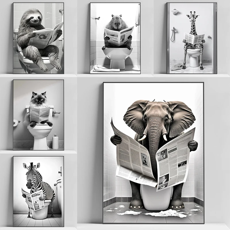 

Funny Animals Sitting on The Toilet Reading Newspapers Poster Art Room Decor Home Decorations Posters for Wall Decororation Home