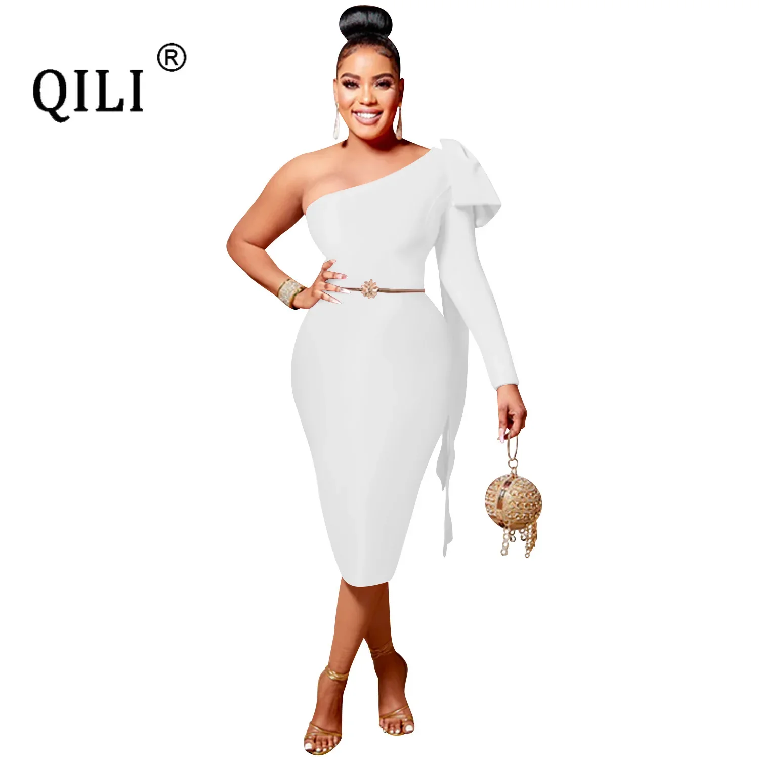 QILI-One Shoulder Bandage Dress, Blue, White, Black, Red, Yellow, Elegant  Lady Temperament Dresses, Bodycon, Slim Waist - AliExpress 200000345